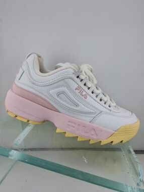 Fila Women's White Pink Yellow Platform Disruptor-Style Sneaker